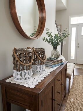 Rustic Two-Tone Wooden effect  Rope Lanterns - Brown & White x 2